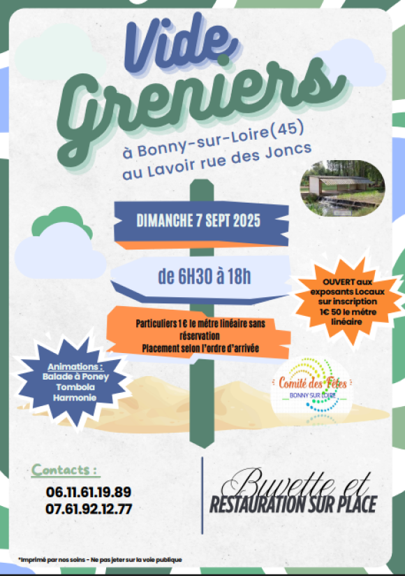 Vide Greniers le dimanche 6 septembre 2025 à BONNY SUR LOIRE (45) avec Artisans et Commerçants