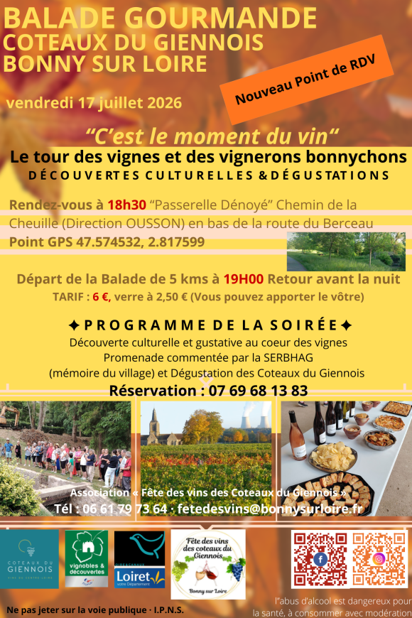 Balade Gourmande autour des Vins Coteaux du Giennois Le 17 juillet 2026 à Bonny sur Loire (Loiret)