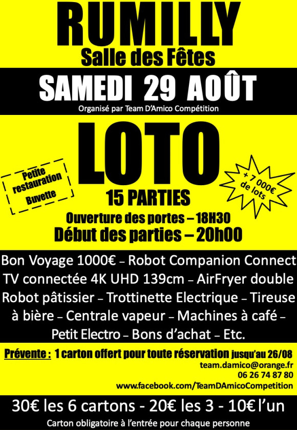 Loto Samedi 29 Août 2026 à la salle des Fêtes de Rumilly (74)