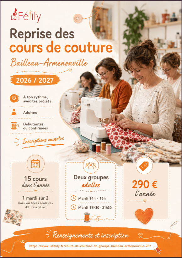 Cours de couture adultes à Bailleau-Armenonville – Inscriptions 2026/2027